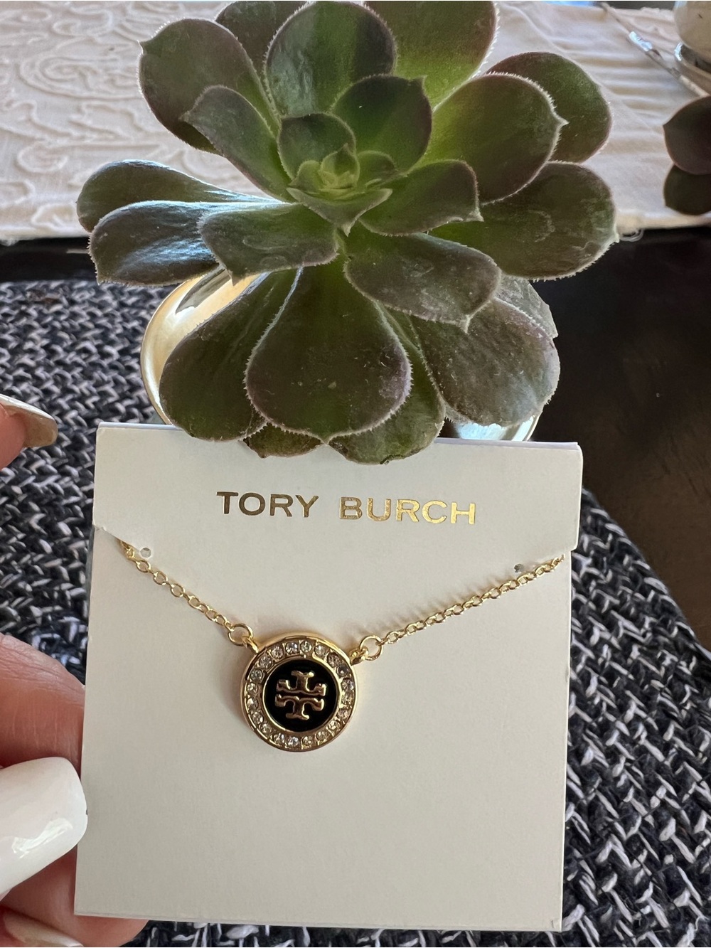 Tory Burch Gold and Black Logo Crystal-Trim Necklace